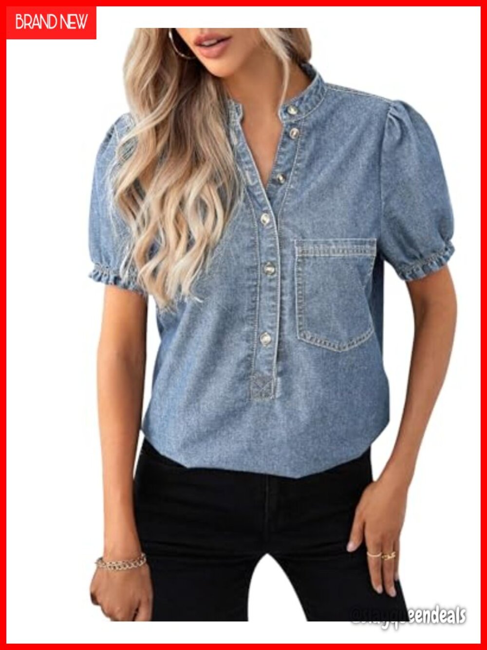 Women's Denim Button Down Shirt Puff Short Sleeve V-Neck Casual Blouse